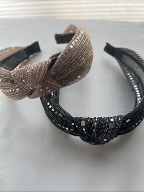 Shimmering Sequin and Bead Accent  Knotted Headband - Black and Tan set of 2
